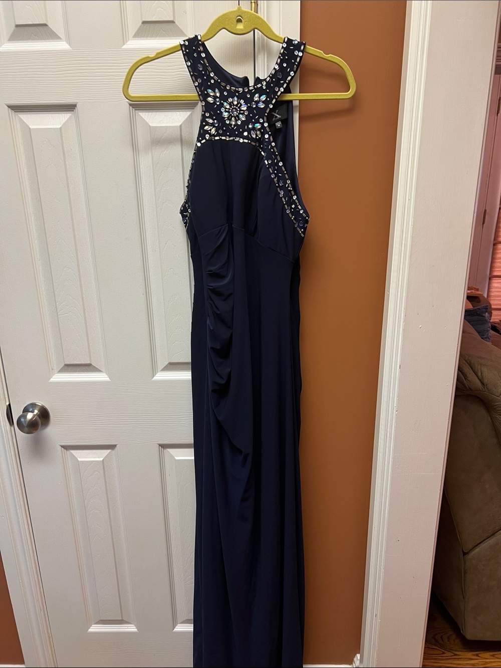 Xscape Navy Beaded Halter Prom Dress